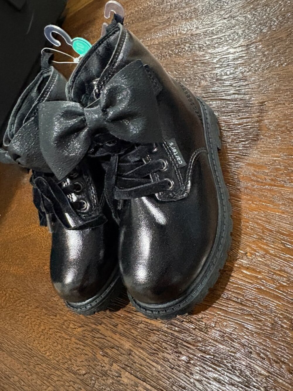 Carter's Girl's Black sparkle & bow black combat lace up boots shoes NEW - Picture 3 of 4